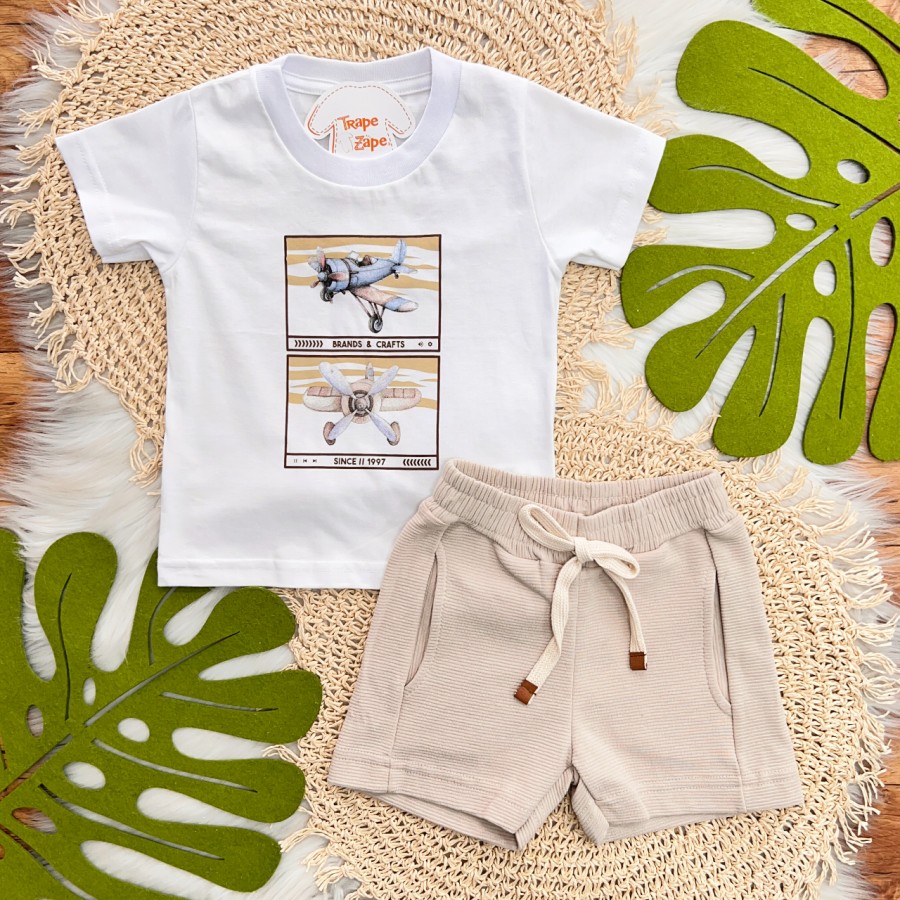 Conj. Camiseta em Linho Brands e Crafts e Bermuda - Branco e Areia